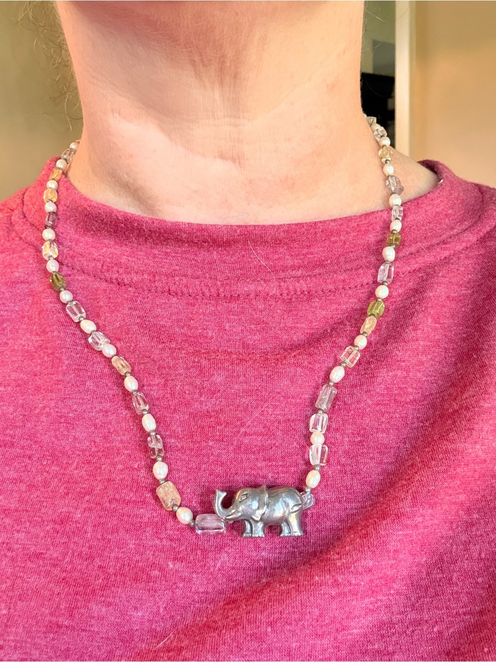 Handcrafted Beaded Elephant Necklace in Pink, Green & White